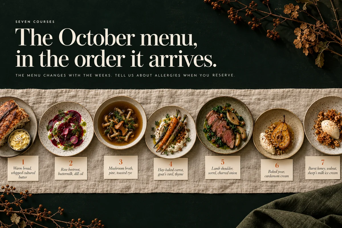 Part 2: The October menu, in the order it arrives, seven plates on a linen runner, each with a numbered card.