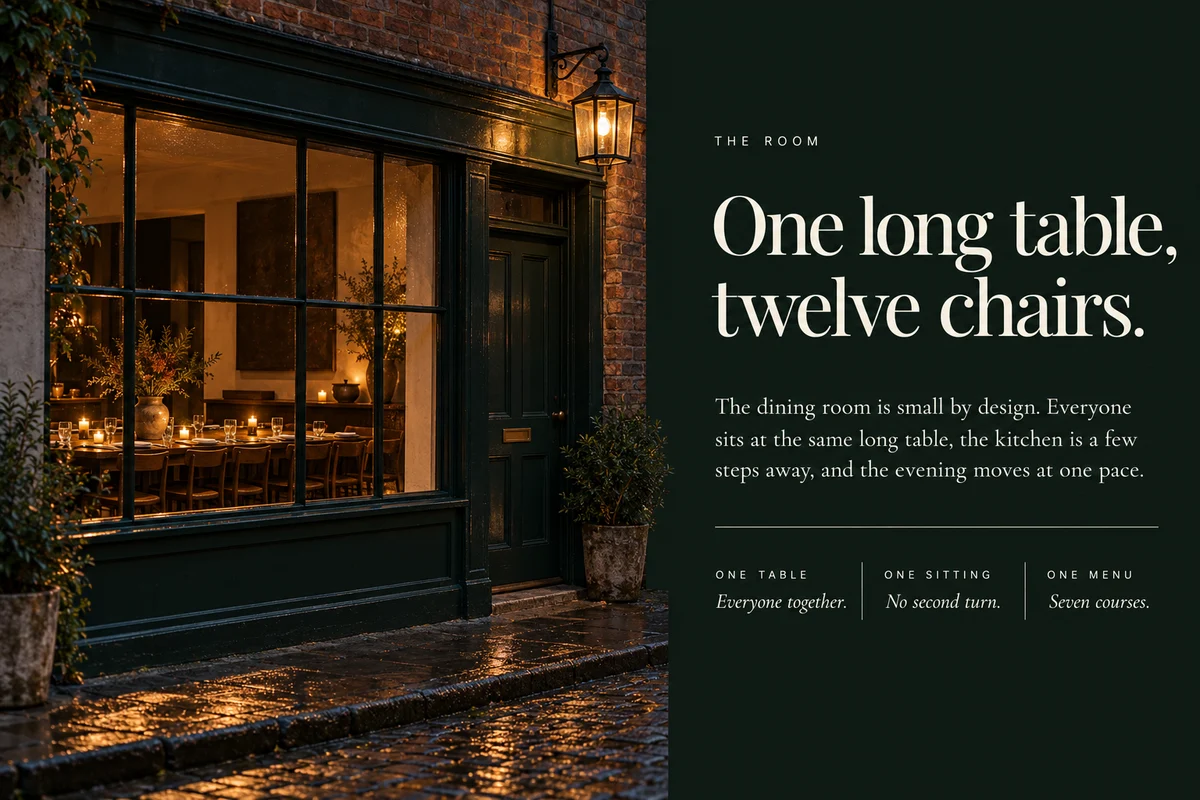 Part 3: One long table, twelve chairs, a lit restaurant window at dusk beside three short labels: one table, one sitting, one menu.
