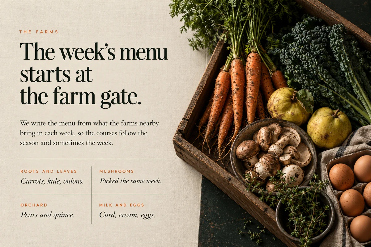 Part 4: The week's menu starts at the farm gate, a crate of carrots, quince, kale, mushrooms and eggs beside four short notes.