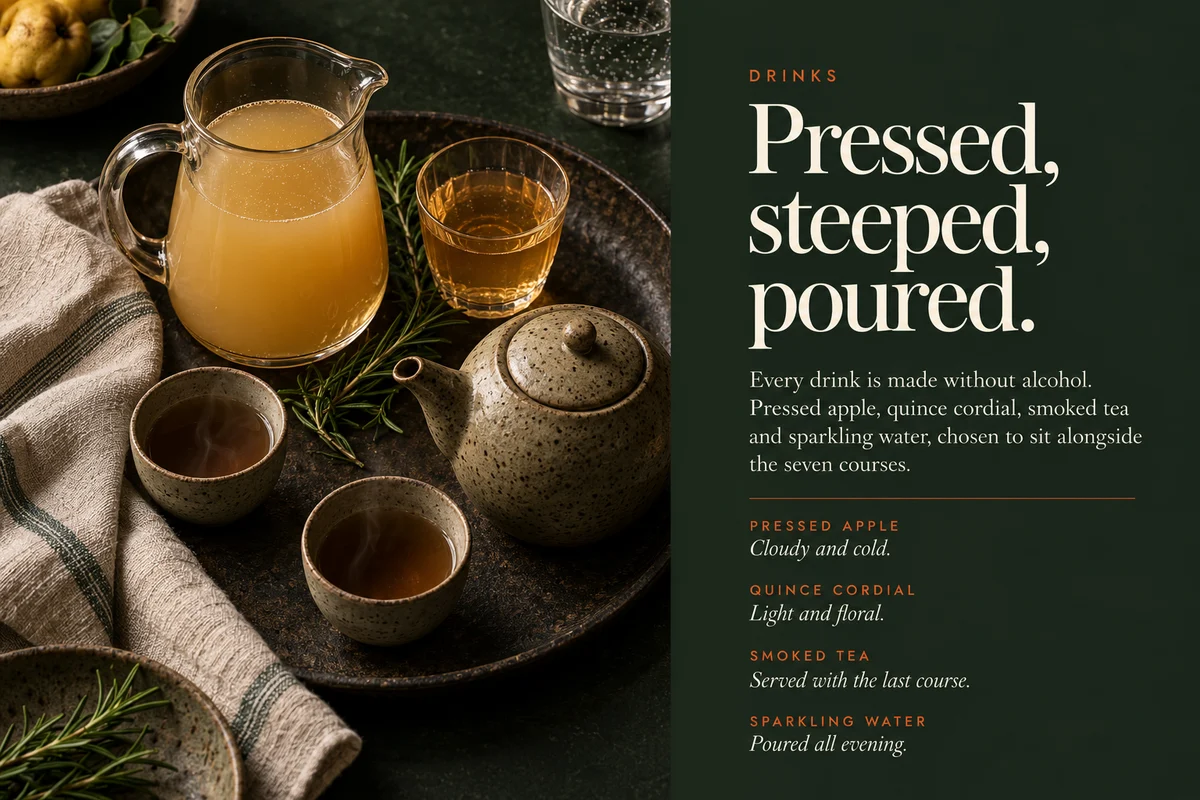 Part 6: Pressed, steeped, poured, a tray of apple juice, cordial and tea beside four drinks made without alcohol.