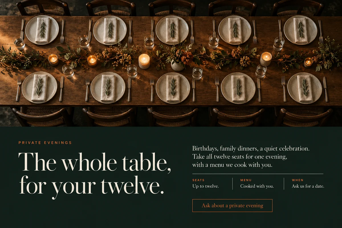 Part 7: The whole table, for your twelve, an overhead table set for a private evening, with seats, menu and date notes.
