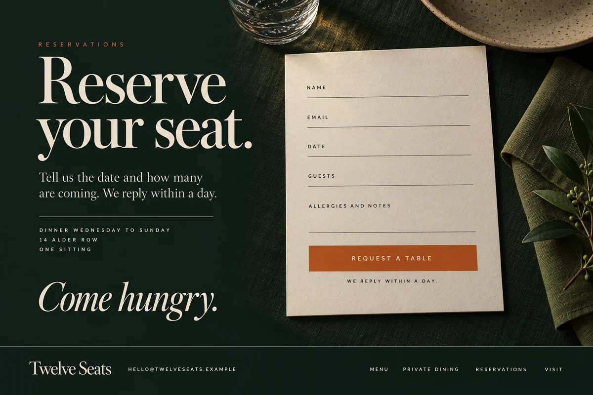 Part 9: Reserve your seat, a reservation card with name, email, date, guests and notes, a Request a table button and the footer.