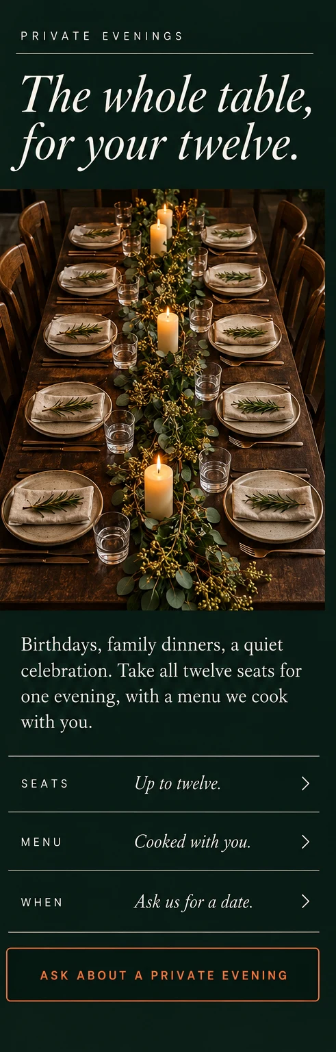 Phone window 3: The whole table, for your twelve, a table set for a private evening, three short rows and an Ask about a private evening button.