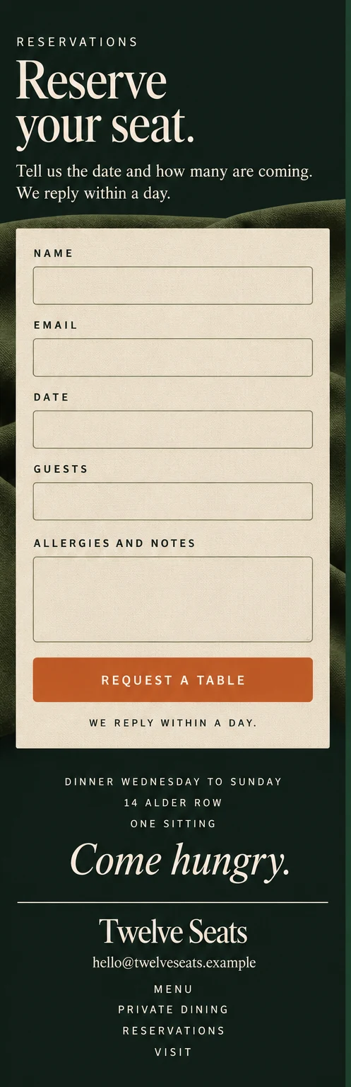 Phone window 4: Reserve your seat, a reservation card with name, email, date, guests and notes fields, a full-width Request a table button and the footer links.