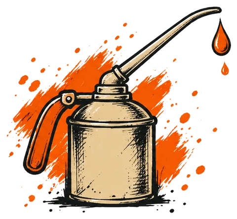 An oil can with a drop falling from its spout