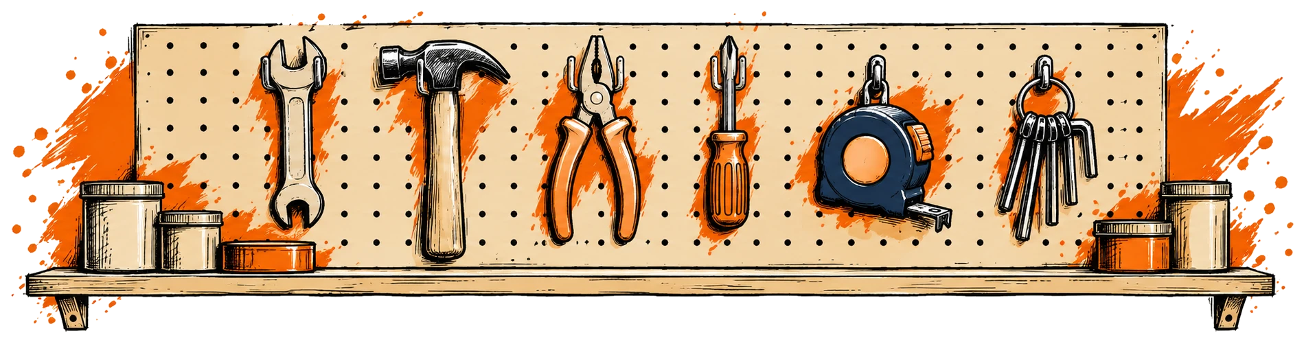 A pegboard with a spanner, hammer, pliers, screwdriver, tape measure and allen keys hanging on hooks, above a shelf of tins
