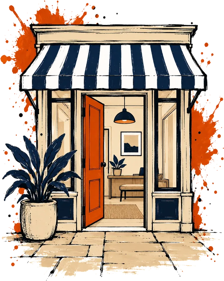 A small office frontage with a striped awning and an open orange door