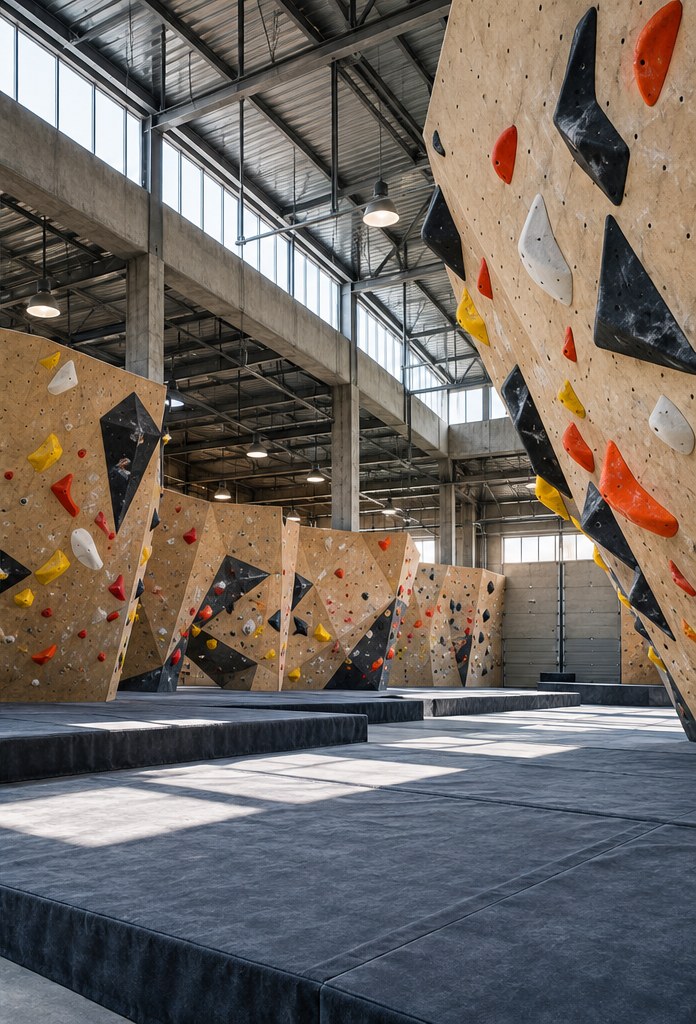 The wide, empty interior of a bouldering gym: tall plywood walls with coloured holds, thick crash mats on the floor and steel roof trusses above