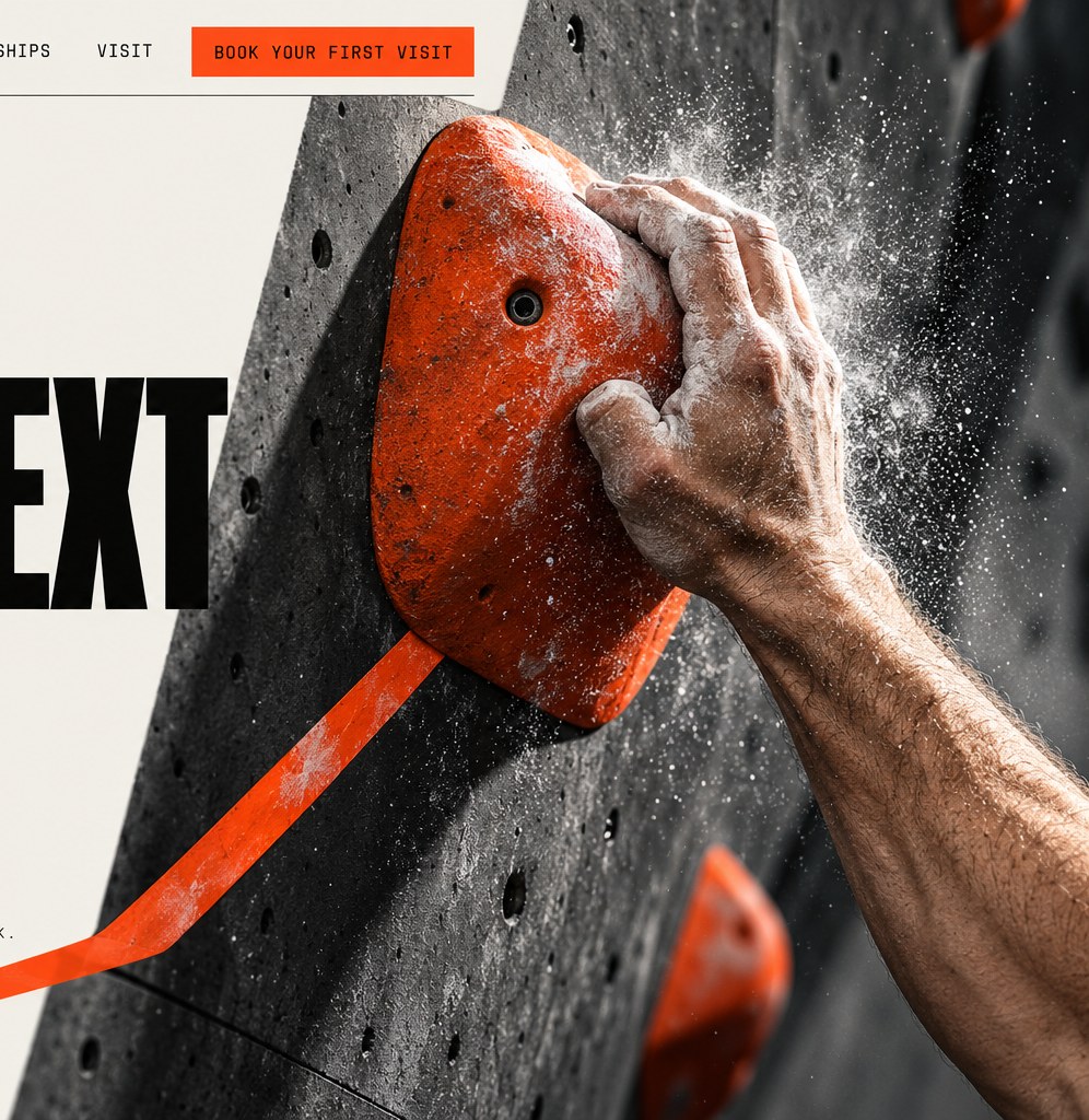 A climber's chalked hand gripping an orange hold on a dark wall, with an orange tape line running down the wall