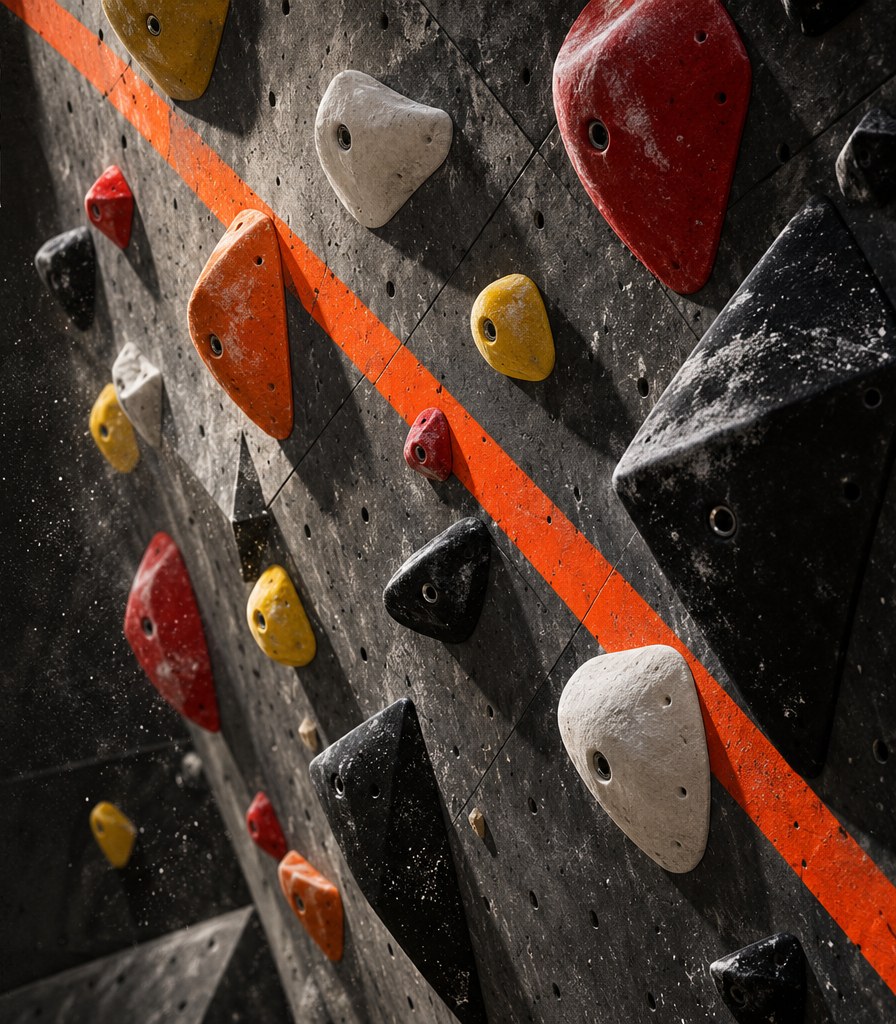 A dark plywood climbing wall in raking light, bolted with white, yellow, orange, red and black holds, crossed by an orange tape line
