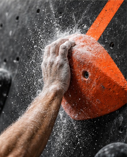 A climber's chalked hand gripping an orange hold on a dark wall