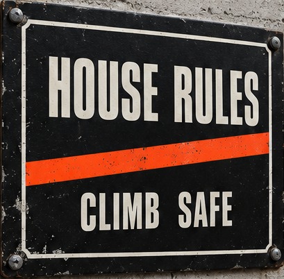 An enamel sign bolted to a concrete wall reading House Rules, Climb safe, with an orange stripe