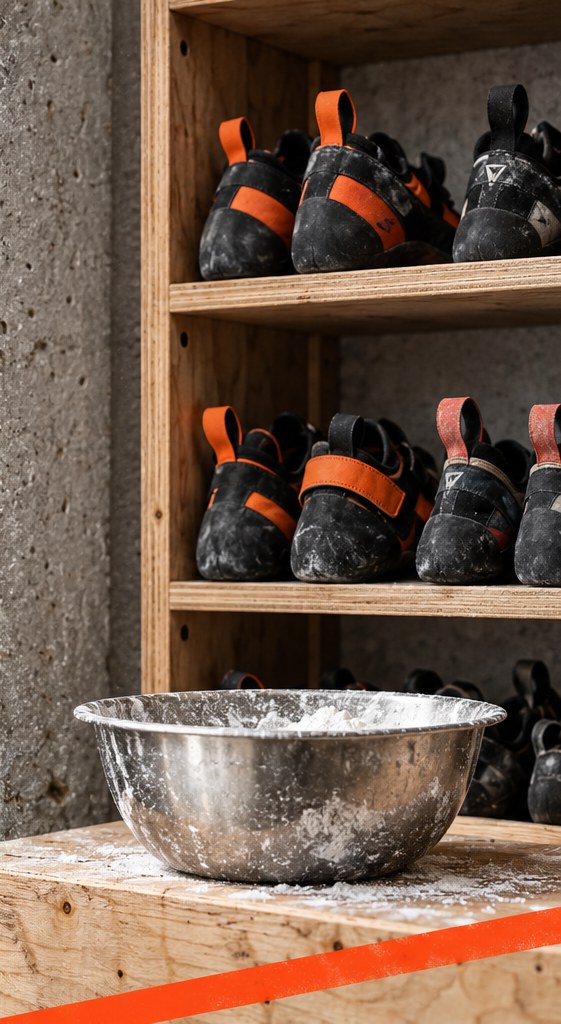 A wooden shoe rack on a concrete wall holding pairs of black and orange climbing shoes, with a steel bowl of white chalk on a plywood ledge in front