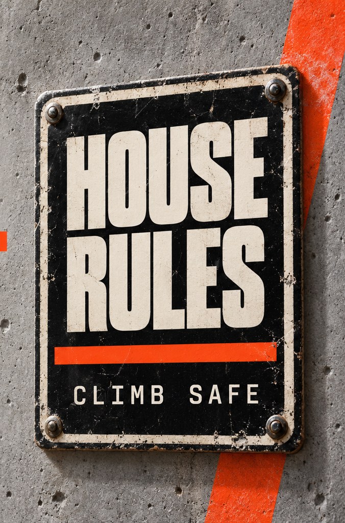 An enamel sign bolted to a concrete wall reading House Rules, Climb safe, beside a strip of orange tape